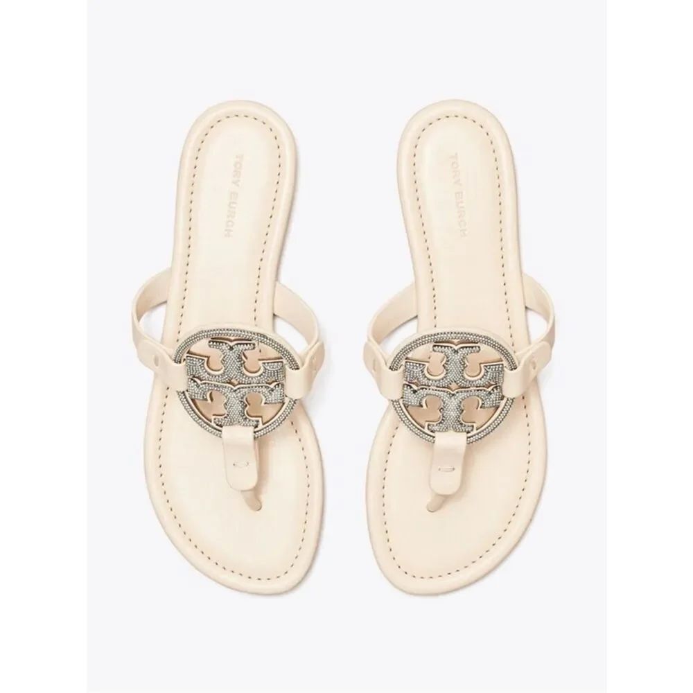 Tory Burch Leather Miller Pave Sandal In Cream Size 5